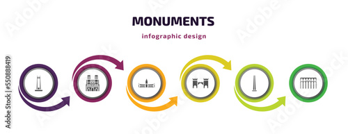 monuments infographic element with filled icons and 6 step or option. monuments icons such as circle, notre dame cathedral, retiro park, medieval, obelisk of bue aires, segovia aqueduct vector. can