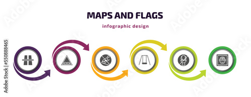 maps and flags infographic element with filled icons and 6 step or option. maps and flags icons such as flyover bridge, speed breaker, no skiing, swings, no toileting, mine site vector. can be used