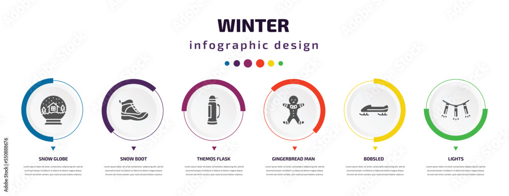 winter infographic element with filled icons and 6 step or option. winter icons such as snow globe, snow boot, themos flask, gingerbread man, bobsled, lights vector. can be used for banner, info winter infographic element with filled icons and 6 step or option. winter icons such as snow globe, snow boot, themos flask, gingerbread man, bobsled, lights vector. can be used for banner, info