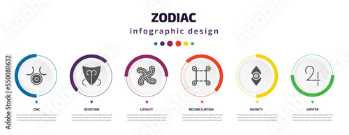 zodiac infographic element with filled icons and 6 step or option. zodiac icons such as zinc, devotion, loyalty, reconciliation, divinity, jupiter vector. can be used for banner, info graph, web.