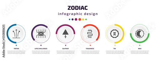 zodiac infographic element with filled icons and 6 step or option. zodiac icons such as tartar, lifes challenges, sulphur, toughness, tin, wax vector. can be used for banner, info graph, web.