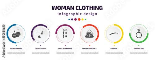 woman clothing infographic element with filled icons and 6 step or option. woman clothing icons such as round earrings, liquid eyeliner, dangling earrings, handbag of female, eyebrow, diamond ring