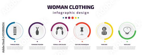 woman clothing infographic element with filled icons and 6 step or option. woman clothing icons such as thread spool, feminine fashion, female long black hair, couture mannequin, parfume, necklace