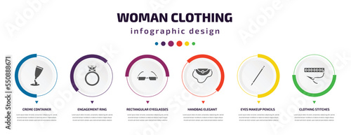 woman clothing infographic element with filled icons and 6 step or option. woman clothing icons such as creme container black, engagement ring, rectangular eyeglasses, handbag elegant, eyes makeup