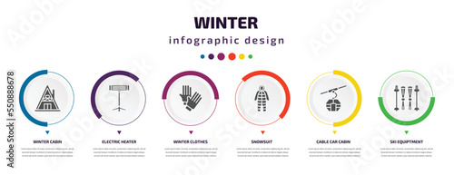 winter infographic element with filled icons and 6 step or option. winter icons such as winter cabin, electric heater, clothes, snowsuit, cable car cabin, ski equiptment vector. can be used for