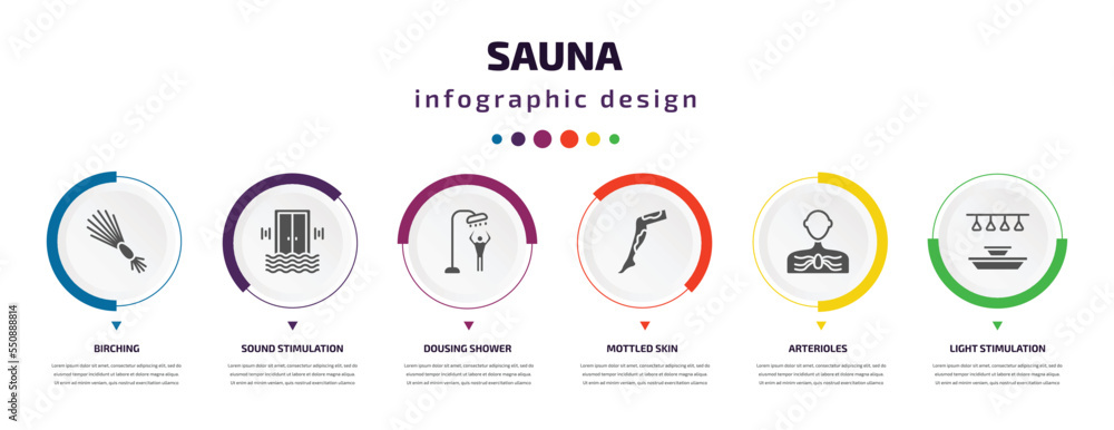 sauna infographic element with filled icons and 6 step or option. sauna icons such as birching, sound stimulation, dousing shower, mottled skin, arterioles, light stimulation vector. can be used for sauna infographic element with filled icons and 6 step or option. sauna icons such as birching, sound stimulation, dousing shower, mottled skin, arterioles, light stimulation vector. can be used for