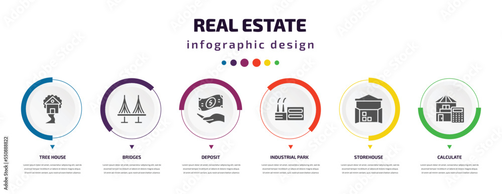 real estate infographic element with filled icons and 6 step or option. real estate icons such as tree house, bridges, deposit, industrial park, storehouse, calculate vector. can be used for banner, real estate infographic element with filled icons and 6 step or option. real estate icons such as tree house, bridges, deposit, industrial park, storehouse, calculate vector. can be used for banner,
