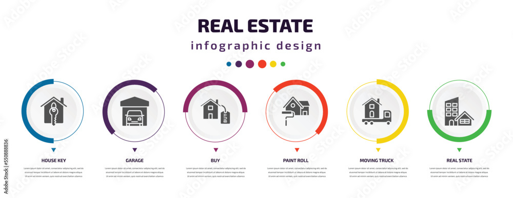 real estate infographic element with filled icons and 6 step or option. real estate icons such as house key, garage, buy, paint roll, moving truck, real state vector. can be used for banner, info real estate infographic element with filled icons and 6 step or option. real estate icons such as house key, garage, buy, paint roll, moving truck, real state vector. can be used for banner, info