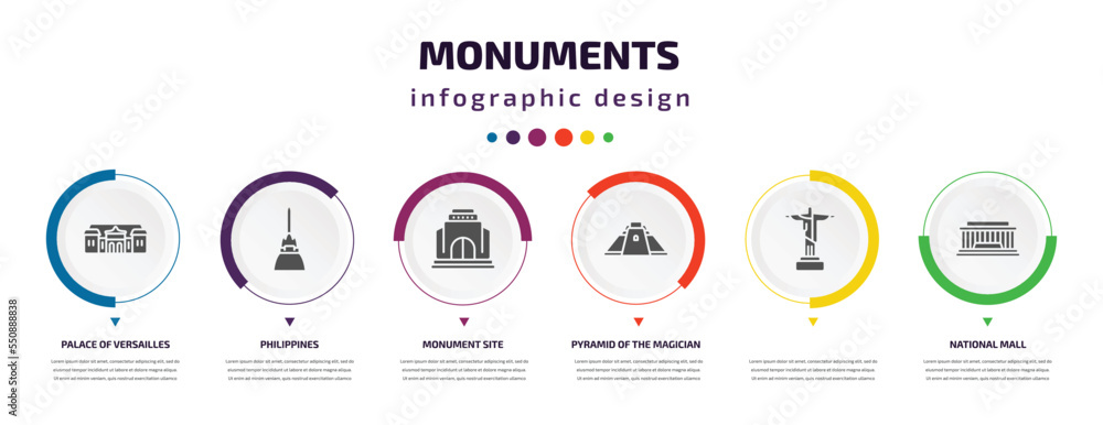 monuments infographic element with filled icons and 6 step or option. monuments icons such as palace of versailles, philippines, monument site, pyramid of the magician, , national mall vector. can monuments infographic element with filled icons and 6 step or option. monuments icons such as palace of versailles, philippines, monument site, pyramid of the magician, , national mall vector. can