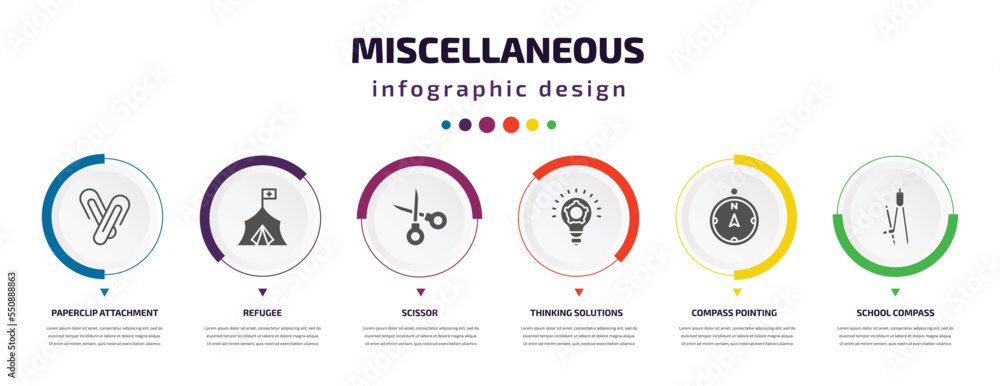 miscellaneous infographic element with filled icons and 6 step or option. miscellaneous icons such as paperclip attachment, refugee, scissor, thinking solutions, compass pointing north, school miscellaneous infographic element with filled icons and 6 step or option. miscellaneous icons such as paperclip attachment, refugee, scissor, thinking solutions, compass pointing north, school