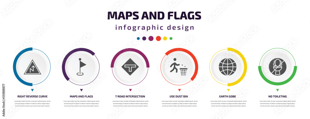 maps and flags infographic element with filled icons and 6 step or option. maps and flags icons such as right reverse curve, maps flags, t road intersection, use dust bin, earth gobe, no toileting maps and flags infographic element with filled icons and 6 step or option. maps and flags icons such as right reverse curve, maps flags, t road intersection, use dust bin, earth gobe, no toileting