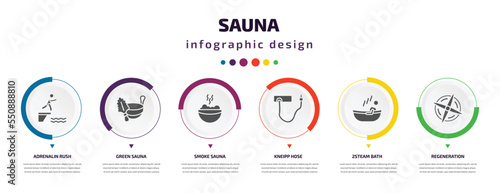 sauna infographic element with filled icons and 6 step or option. sauna icons such as adrenalin rush, green sauna, smoke kneipp hose, 2steam bath, regeneration vector. can be used for banner, info