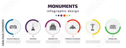 monuments infographic element with filled icons and 6 step or option. monuments icons such as palace of versailles, philippines, monument site, pyramid of the magician, , national mall vector. can