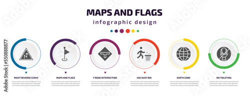 Foto maps and flags infographic element with filled icons and 6 step or option