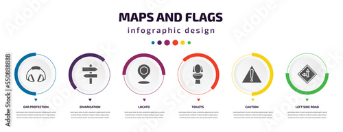 maps and flags infographic element with filled icons and 6 step or option. maps and flags icons such as ear protection, divarication, locato, toilets, caution, left side road vector. can be used for