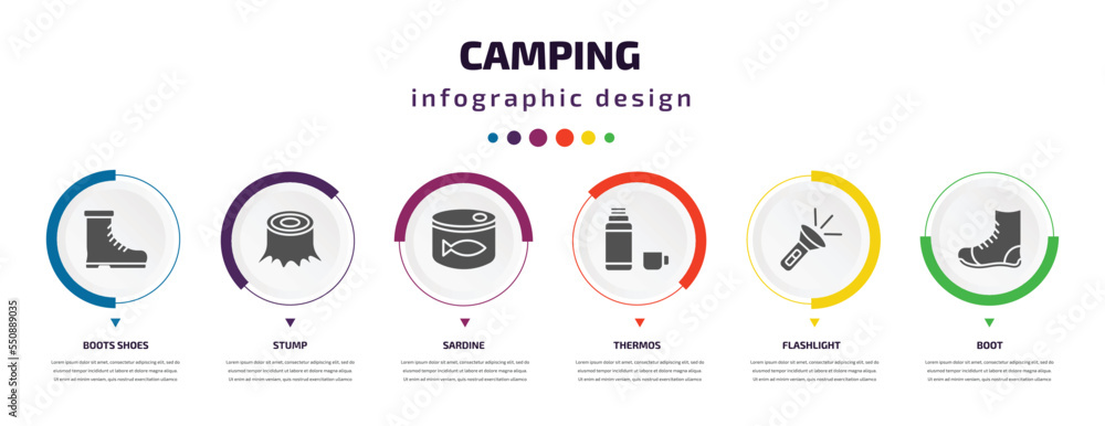 camping infographic element with filled icons and 6 step or option. camping icons such as boots shoes, stump, sardine, thermos, flashlight, boot vector. can be used for banner, info graph, web. camping infographic element with filled icons and 6 step or option. camping icons such as boots shoes, stump, sardine, thermos, flashlight, boot vector. can be used for banner, info graph, web.