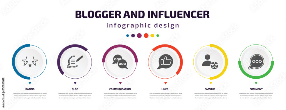 blogger and influencer infographic element with filled icons and 6 step or option. blogger and influencer icons such as rating, blog, communication, likes, famous, comment vector. can be used for blogger and influencer infographic element with filled icons and 6 step or option. blogger and influencer icons such as rating, blog, communication, likes, famous, comment vector. can be used for