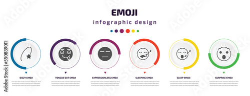 emoji infographic element with filled icons and 6 step or option. emoji icons such as dizzy emoji, tongue out expressionless sleeping sleep surprise vector. can be used for banner, info graph, web.