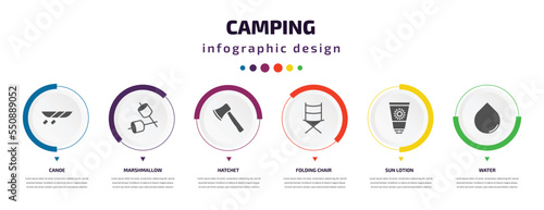 camping infographic element with filled icons and 6 step or option. camping icons such as canoe, marshmallow, hatchet, folding chair, sun lotion, water vector. can be used for banner, info graph,