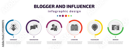 blogger and influencer infographic element with filled icons and 6 step or option. blogger and influencer icons such as community, conversation, selfie, literature, placeholder, browser vector. can
