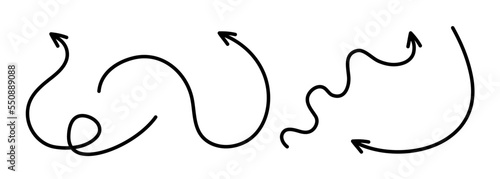Black curly arrows isolated on a white background. Arrows of various shapes. Vector clipart. Arrow set.