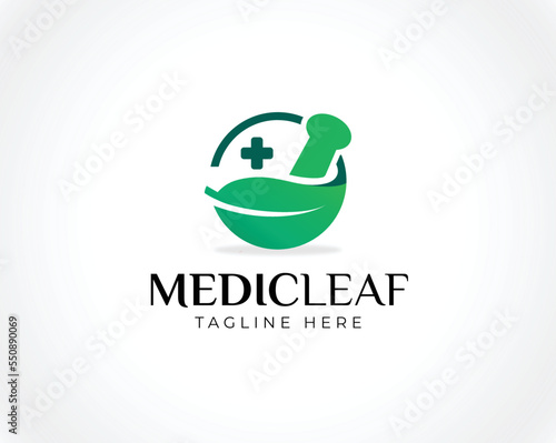 Mortar and pestle with leaf and health symbol logo