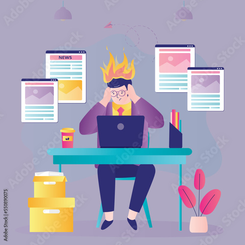 Businessman is stressed from reading news. Male financier at the workplace reads news and gets upset. Burnout at work. Problems of psychological stability, mental health.