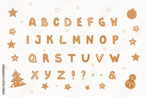 Gingerbread alphabet, isolated letters and gingerbread, decorations with sugar icing on a white background. For greetings, Christmas, new year, cards, holidays. Vector