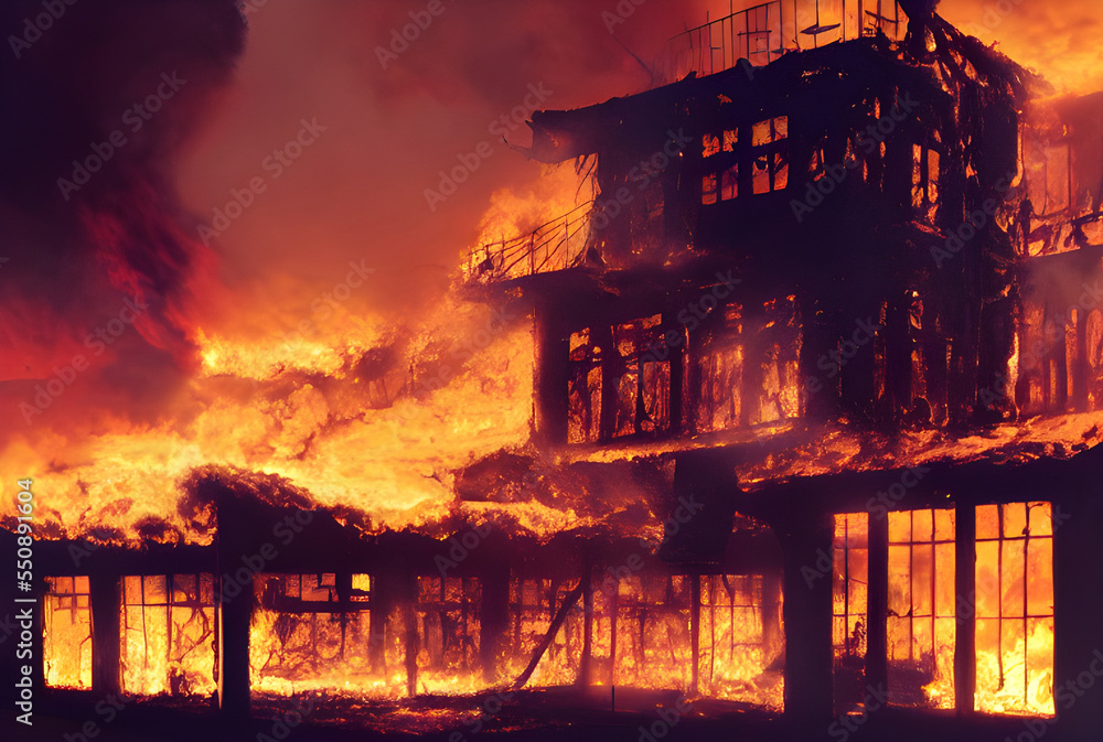 A building burns in a blazing inferno. 