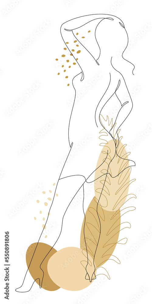 Woman silhouette in modern continuous line style and plant leaves. The girl is slim and beautiful. Lady suitable for aesthetic decor, posters, stickers, logo. Vector illustration.