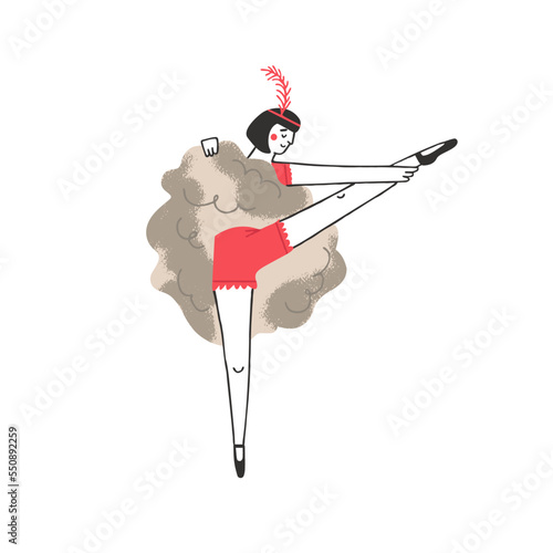Parisian girl dancing cancan. Moulin rouge dancer. Chic french woman dancing in cabaret vector hand drawn illustration in flat style