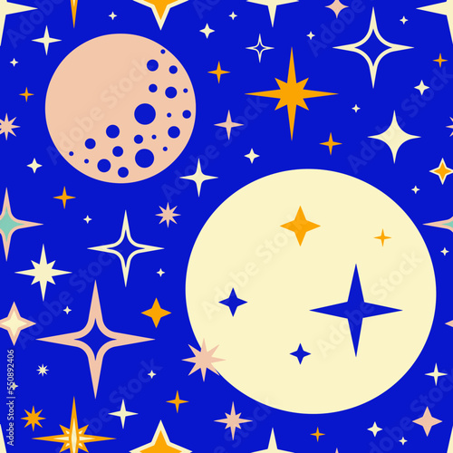 Retro vintage seamless pattern with moon and stars in 50s style . Vector illustration