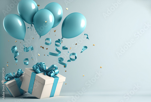 Celebration, festive background with helium balloons, gifts and confetti. holiday party invite. Greeting banner or poster with gold and blue realistic 3d flying balloons. Happy anniversary card © Viks_jin