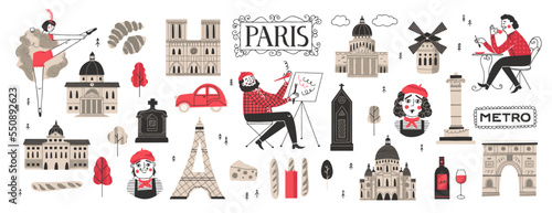 Parisian aesthetic collection. French culture and architecture concept. Hand drawn Paris symbols set vector illustration