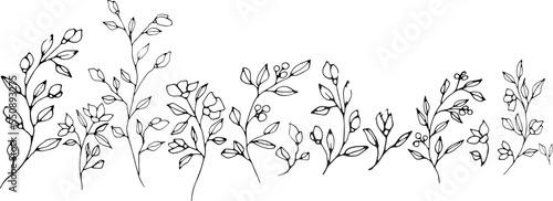 Border with graphic vector plant branches with flowers. buds and berries