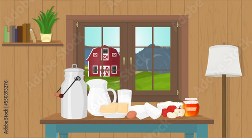 Beautiful vector illustration of natural organic dairy food inside farmer house - milk; cheese; butter; apple; honey; curd, feta cheese. Window with landscape. Cozy atmosphere
