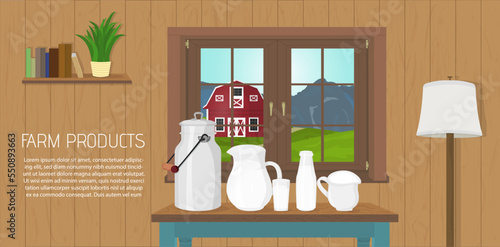 Beautiful vector illustration of natural organic dairy food inside farmer house. Milky products on the wooden table. Window with landscape. Cozy atmosphere in cartoon style