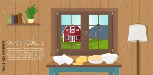 Beautiful vector illustration of natural organic dairy food inside farmer house - cheese; butter; curd, feta cheese. Milky products on the farm. Window with landscape. Cozy atmosphere in cartoon style