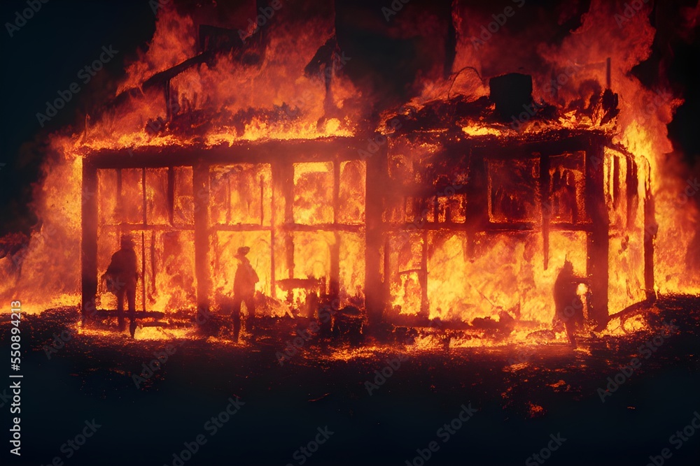 Silhouette of a person standing in front of a burning building. Silhouette of a person standing in front of a burning building.