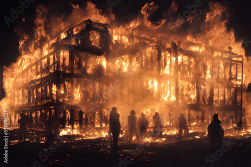 Silhouette of a person standing in front of a burning building.  © ECrafts