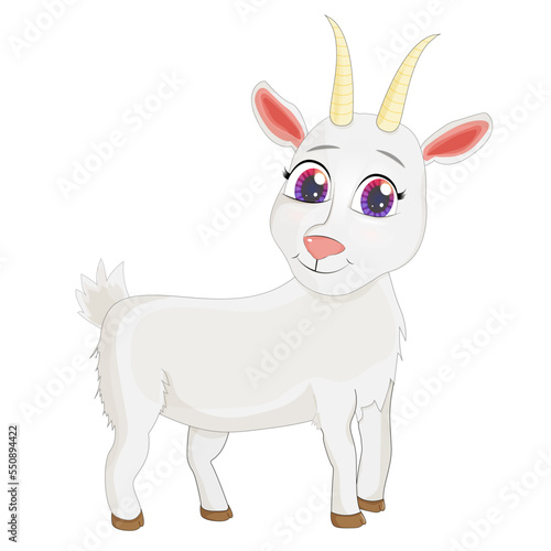 Beautiful cute goat isolated on white background. Farm animal  cattle  smiling goat in cartoon style. Standing. Single