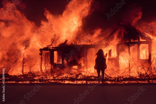 Silhouette of a person standing in front of a burning building.  © ECrafts