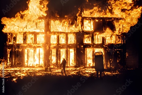 Silhouette of a person standing in front of a burning building.  © ECrafts