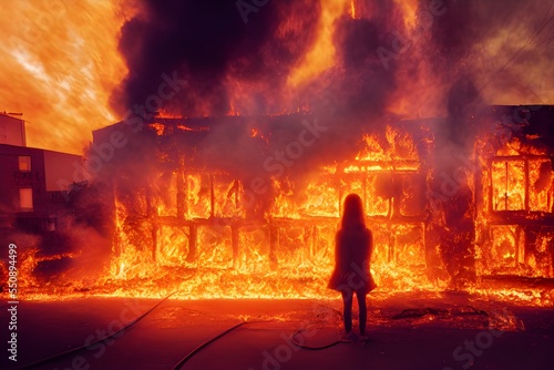 Silhouette of a person standing in front of a burning building. 
