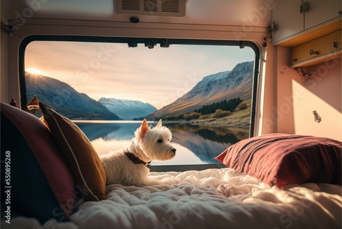 A dog sits in a cozy campervan with a beautiful view of the Scottish Highlands and a Loch in Scotland West highland Terrier looks comfy