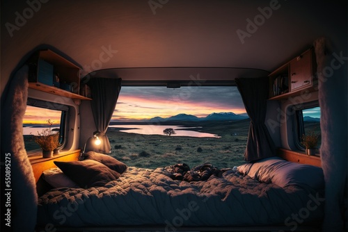 Fotobehang A picturesque view from the back of a campervan - Van life in the Highlands of S