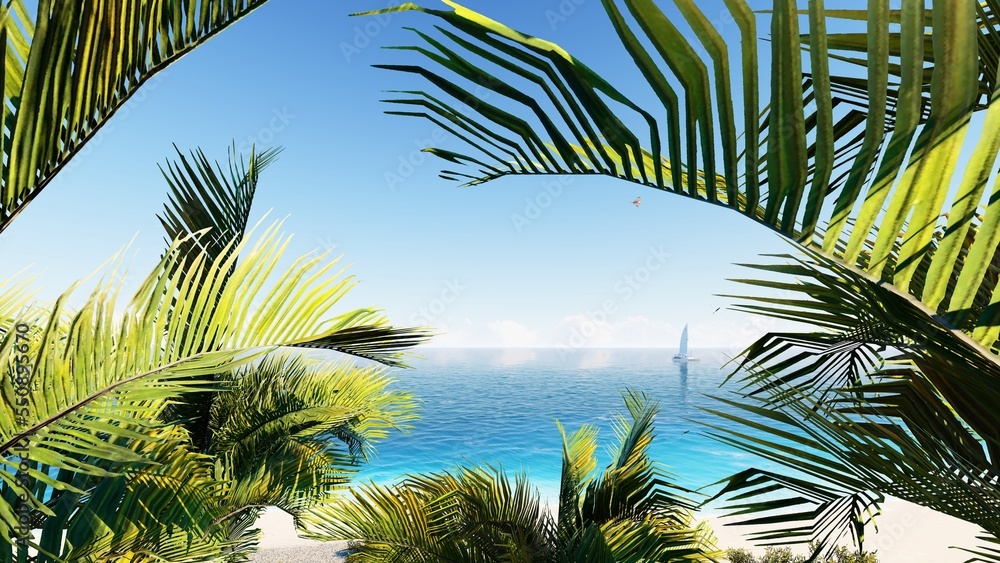 Fototapeta premium Coconut palm trees against blue sky and beautiful beach. Vacation holidays background wallpaper. View of nice tropical beach.