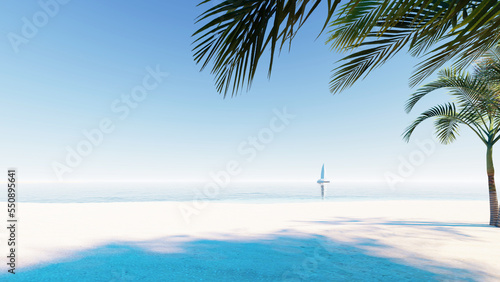 Coconut palm trees against blue sky and beautiful beach. Vacation holidays background wallpaper. View of nice tropical beach. 