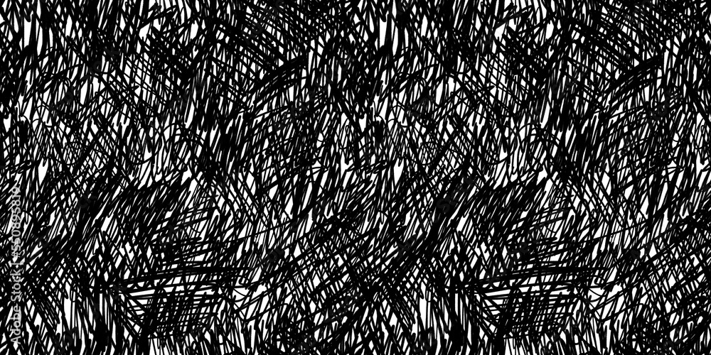 Seamless abstract chaotic ink pen or marker scribble background texture. Hand drawn fun playful trendy childish squiggly doodle drawing line art backdrop. Bold black isolated pattern overlay.. - obrazy, fototapety, plakaty 