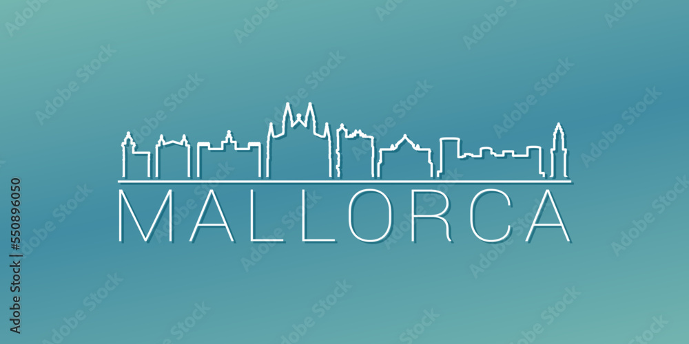 Majorca, Balearic Islands, Spain Skyline Linear Design. Flat City Illustration Minimal Clip Art. Background Gradient Travel Vector Icon.